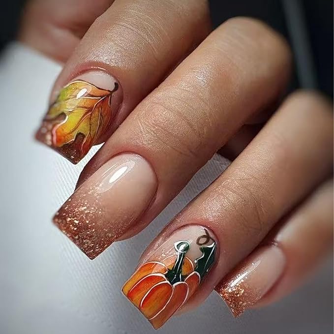24Pcs Thanksgiving Press on Nails Short Square Fake Nails Glitter Pumpkin Stick on Nails French Tip False Nails Autumn Maple Leaf Acrylic Glue on Nail for Women DIY Fall Press ons Manicure