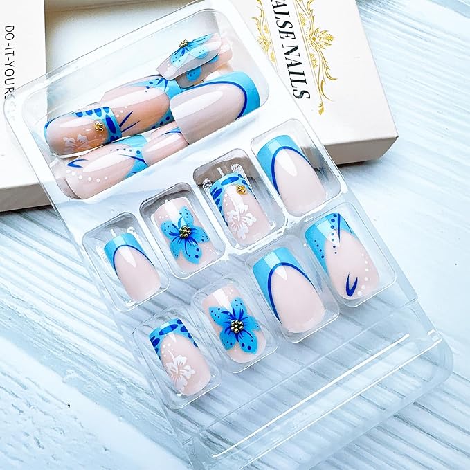 24pcs French Tip Press on Nails Short Square Blue Flower Fake Nails with Gold Beads Designs Summer False Nails Kit Cute Floral Glue on Nails Full Cover Stick on Nails for Women Nail Decoration