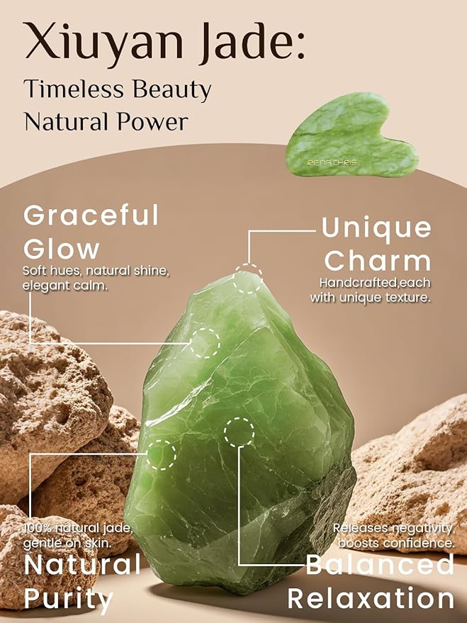 Rena Chris Gua Sha Facial Tools: Natural Jade Stone Guasha Tool for Face Acupuncture Therapy, Facial Massager for Jawline Sculpting and Puffiness Reducing (Mint Green)
