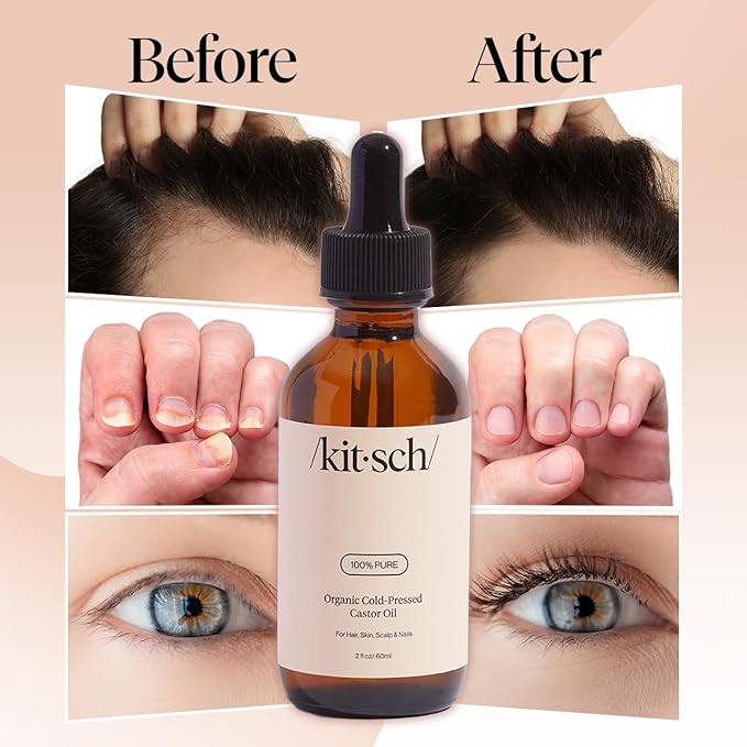 Kitsch Organic Castor Oil for Hair Growth - 100% Pure Castor Oil, Organic Cold Pressed Unrefined Glass Bottle for Face, Skin, Lashes, Brows, Scalp, Nails & Belly Button - Hexane Free, USDA - 2 oz