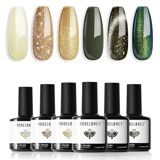 modelones Gel Nail Polish Set, 6 Colors Fall Winter Green Gold Yellow Sparkle Reflective Glitter Gel Polish Dark Green 9D Cat Eye Nail polish with Magnet Soak Off LED Nail Art Kit DIY Gift