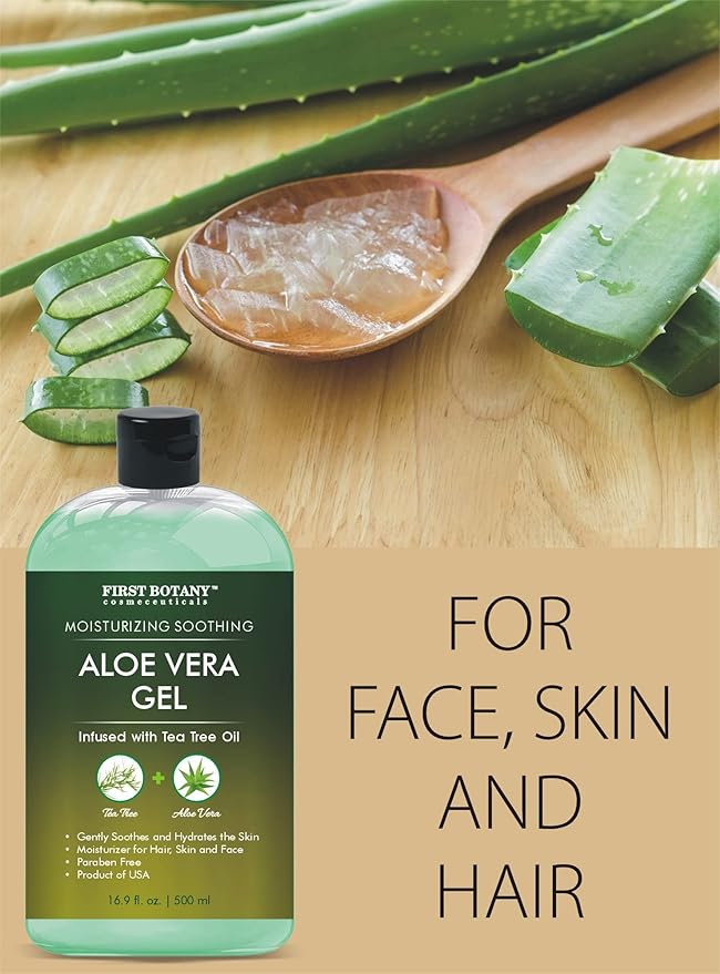 First Botany, Aloe Vera Gel from 100 Percent Pure Aloe Infused with Tea Tree Oil - Natural Raw Moisturizer for Hand Sanitizing Gel, Skin Care, Hair Care, Sunburn, Acne & Eczema -16.9 fl oz | 500 ml