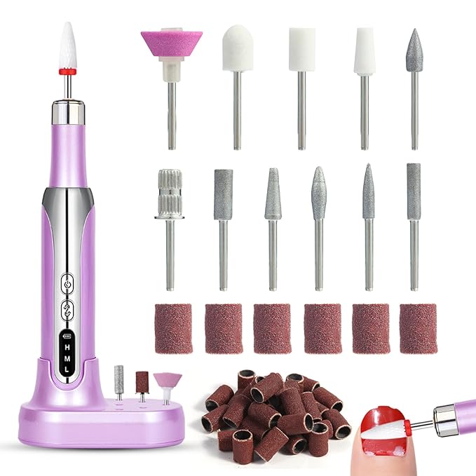 Electric Nail Drill File Cordless,Portable Rechargeable Nail File Kit for Acrylic & Gel Nails,Professional Efile for Manicure Pedicure Polishing,with 12 Nail Drill Bits 31 Sanding Bands,Purple