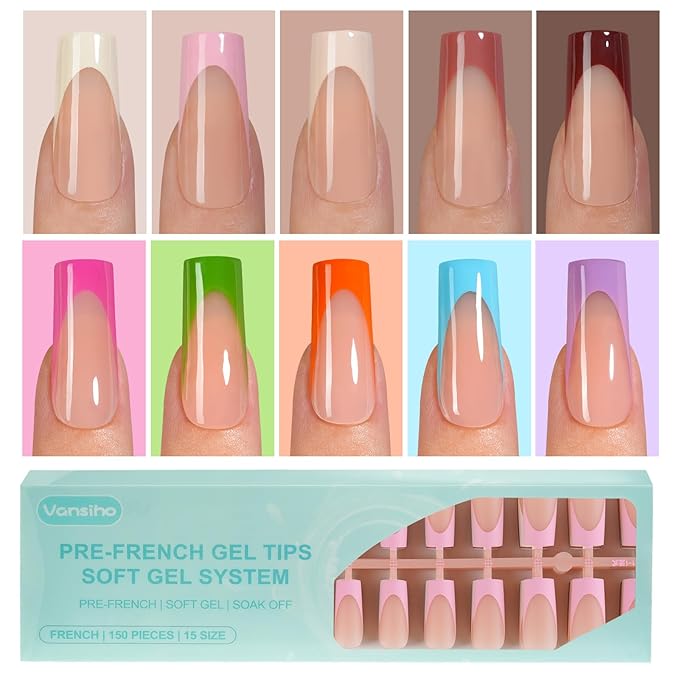 300Pcs French Gel Nail Tips, Vansiho Long Square Nail Tips, Pre-French Tips Press on Nails, Acrylic Fake Nails for Nail Art DIY 15 Sizes