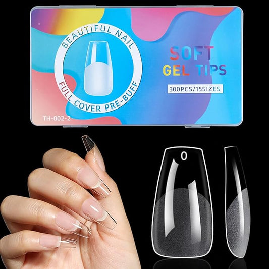BlueZOO Gel Medium Coffin Etch X Nail Tips, 300Pcs 15 Sizes Acrylic Pre-Shaped Full Cover Clear False Nail Tip, Half Matte Press On Nails for Extension Nail Manicure Home DIY Salon Fake Nails with Box