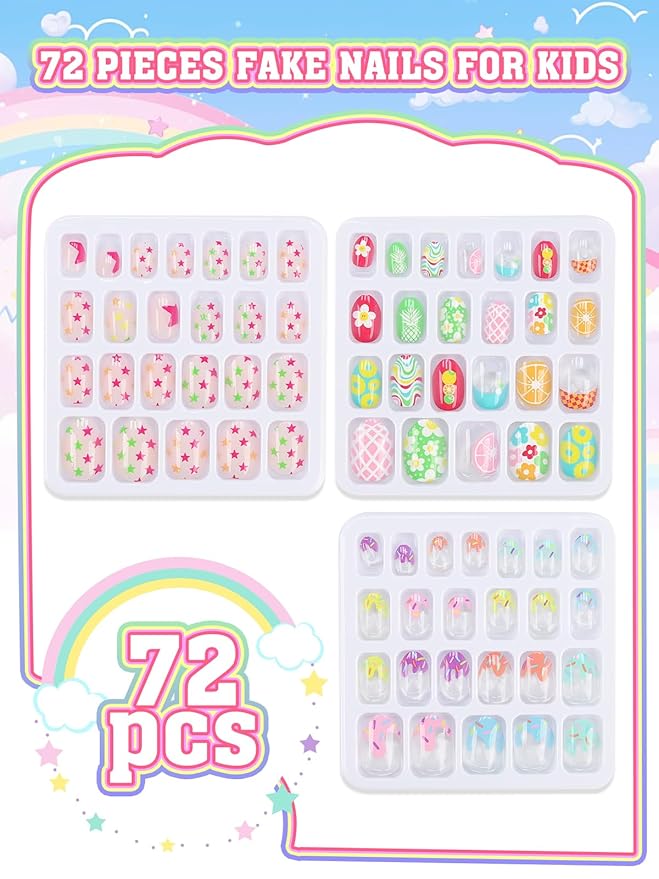 72 Pieces Press on Nails for Kids, EBANKU 3 Pack Kid Fake Nail Kit Lemon Star Press on Nails for Girls 7-12 Years with Jelly Nail Adhesives