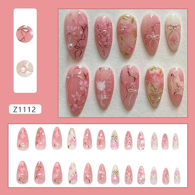 24pcs Flower Press on Nails Medium Almond Fake Nails Peach Blossom Press on 3D Pearl Bow False Nails Cute Cat Stick on Nails Full Cover Artificial Nail Acrylic Fingernails for Women Manicure