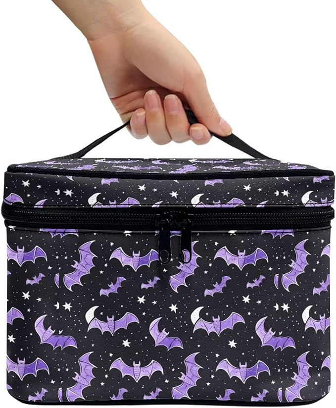 Bat Stars Pattern Travel Makeup Bags for Women Portable Tote Cosmetic Case with Carry Handle Toiletry Accessories Storage Organizer Bags for Halloween