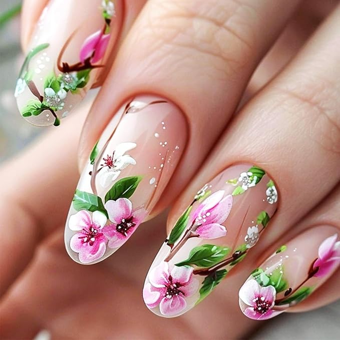 Spring Green Leaves Press on Nails Medium Almond Acrylic False Nails 24Pcs Glossy Pink Flower Fake Nails Rose Stick on Nails Flowers French Tips Gel Glue on Nails for Coquette Women Girls