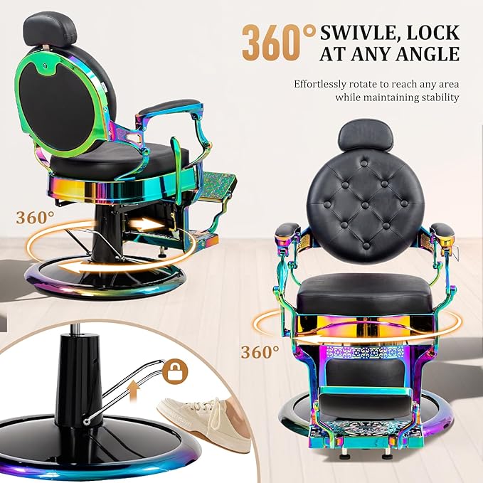 OmySalon Retro Barber Chair Heavy Duty, Aluminum Alloy Frame, Adjustable Headrest, Extra Wide Footrest, Hydraulic Salon Chair for Hair Stylist Reclining All Purpose for Beauty Spa Shampoo Styling