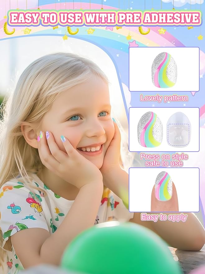 72 Pieces Press on Nails for Kids, EBANKU 3 Pack Kid Fake Nail Kit Rainbow Unicorn Star Press on Nails for Girls 7-12 Years with Jelly Nail Adhesives