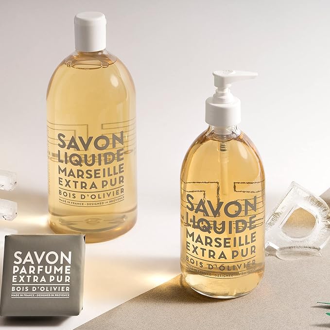 Compagnie de Provence Savon de Marseille Extra Pure Liquid Soap - Olive Wood - 16.7 Fl Oz Glass Pump Bottle and 33.8 fl oz Plastic Bottle Refill