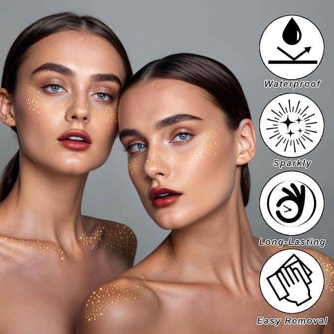 MEICOLY Silver and Gold Face Glitter,Glitter Freckles Face Tattoo for Women Kid,Gold Freckles,Silver Glitter Freckles,Sparkle Makeup Patches,Sparkle Freckles Speckles Patches,6 Count,3 Gold+3 Silver