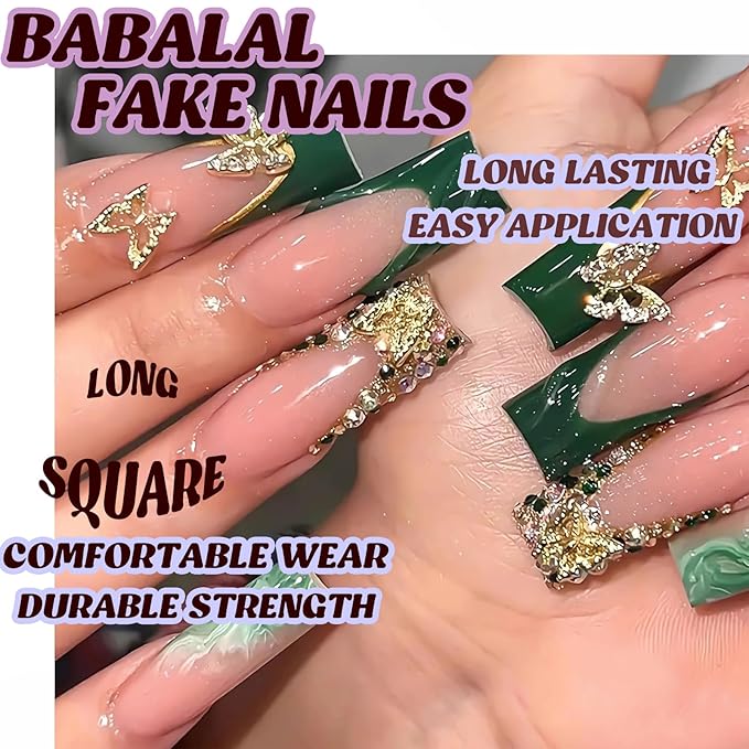 BABALAL Press on Nails Long Square Fake Nails Green French Tip Glue on 3D Texture Handmade Acrylic Nails with Butterfly Charm Luxury False Nails 24Pcs Squoval Nails Artificial Nails for Women Girls