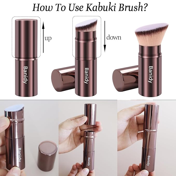 Makeup Brush Kabuki Face Brushes Retractable Travel Blush Kabuki Brush Portable Flawless for Foundation, Powder Blush, Bronzer, Buffing, Liquid, Cream, Cruelty Free with Cover(Brown)