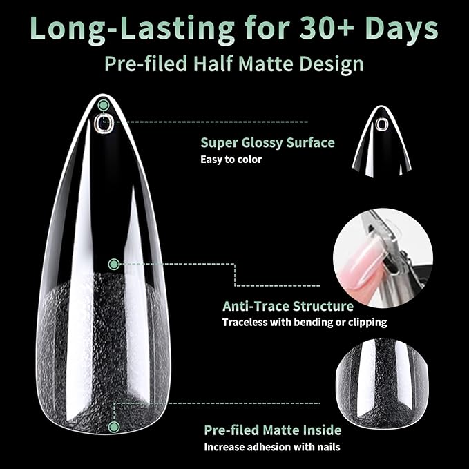 Long Stiletto Nail Tips, 216pcs Acrylic Fake Nails Gel Nail Tips Soft, Full Cover Pre-Shaped Matte Clear Press on Nails for Extension, Diy at Home Manicure 12 Sizes