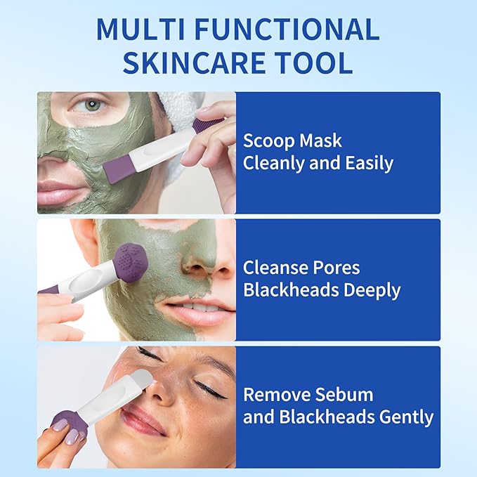 Silicone Face Scrubber, 3 in 1 Pore Brush Skin Scrubber Face Spatula with Face Mask Applicator Tool, Pore Cleaner, Blackhead Remover, Makeup Removal, Mud Mask, Body Lotion (Purple)