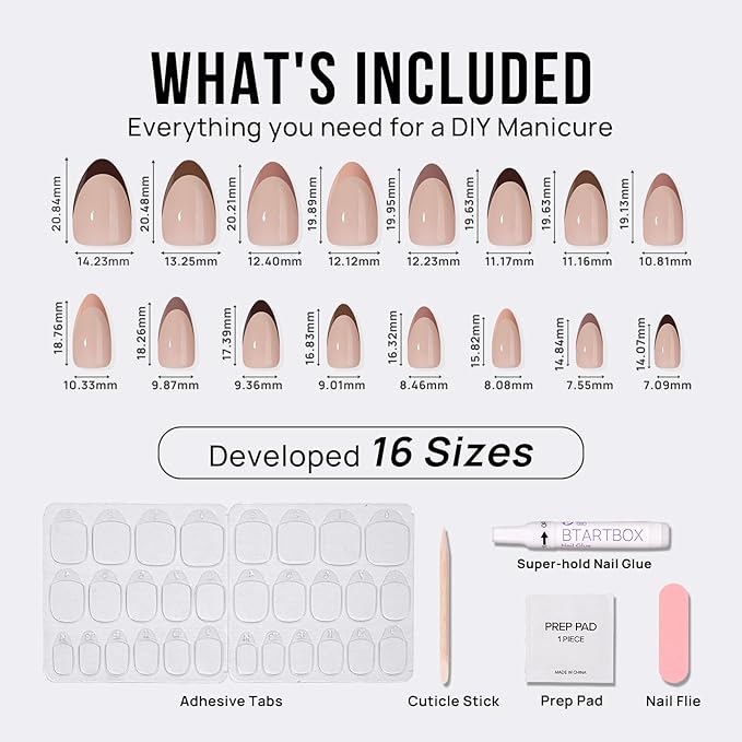 BTArtbox French Tip Press On Nails, Short Almond Supremely Fit & Natural Glue On Nails with Nail Glue, Reusable Stick On Nails in 16 Sizes - 32 Soft Gel Fake Nails Kit, Morning Coffee