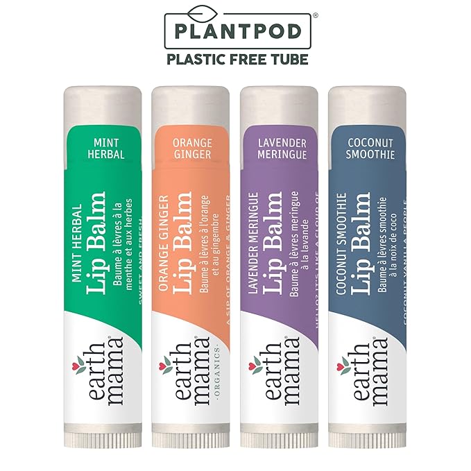 Earth Mama Lip Balm Variety Pack | Quadruplets 4 Pack | Lavender Meringue, Mint Herbal, Coconut Smoothie & Orange Ginger | Soothing & Hydrating Lip Moisturizer | Pregnancy Safe