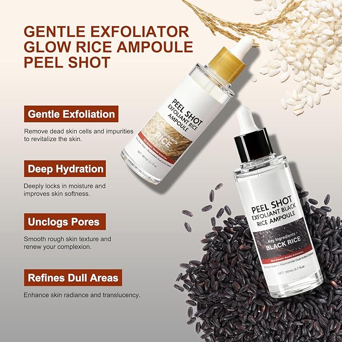 Peel Shot Glow Rice Ampoule Duo, White & Black Rice Exfoliating Ampoules for Face and Body Scrub, Gentle Soft Peel Exfoliating, Deep Hydrating Formula for All Skin