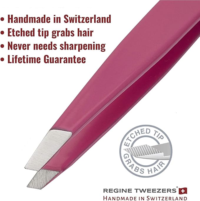 Slant Tweezer - Handmade in Switzerland - Professional Eyebrow & Facial Hair Remover - Etched Interior Grabs Hair from The Root - Perfectly Aligned Tips - Stainless Steel, Pink
