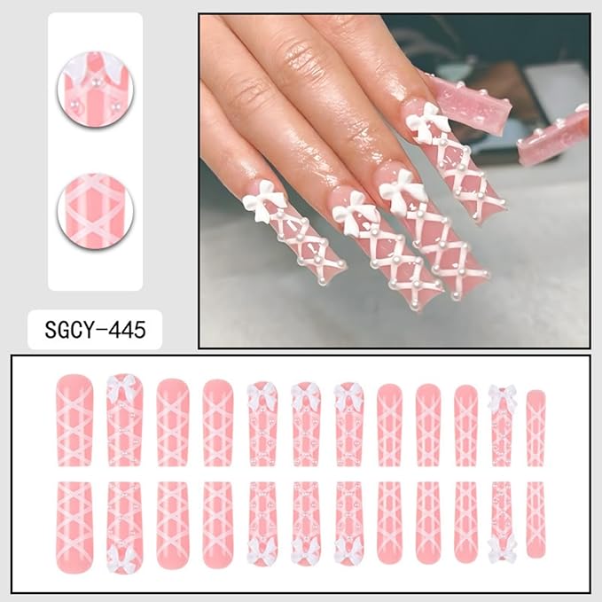 Long Press on Nails Square Fake Nails Cute False Nails Pink Artificial Nails with White Bow Designs Stick on Nails for Women 24pcs