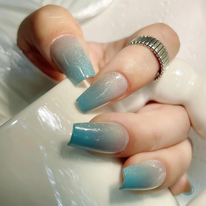 Mint Green Cat Eye Press On Nails - 30PCS Medium Coffin Nails, 9 Sizes for Smaller Nail Beds, Soft Back, Strong Tip, Universal Fit for Spring and Summer