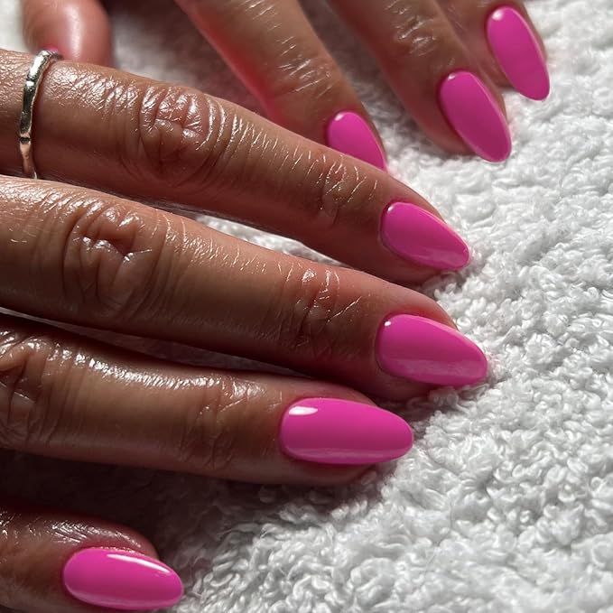 Hot Pink Press on Nails Short Almond Fake Nails Press ons, Thick Solid Color Neon Glue on Nails Short False Nails Medium Almond Nails Oval Round Shaped Nails for Women, 24Pcs Natural Acrylic Gel Nails