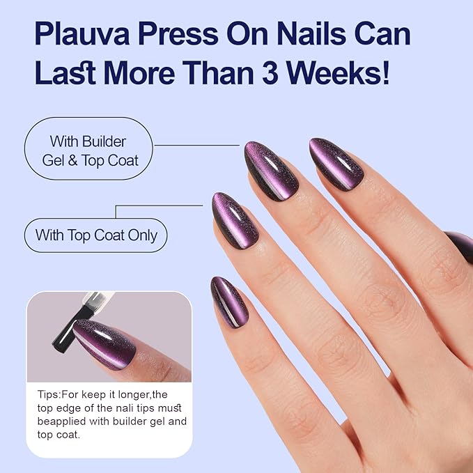 150Pcs Cat Eye Press on Nails, Plauva Medium Almond Fake Nails, Glossy Glitter Cat Eye Nail Tips, Soft Gel Stick On Nails for Women and Girls 15 Sizes