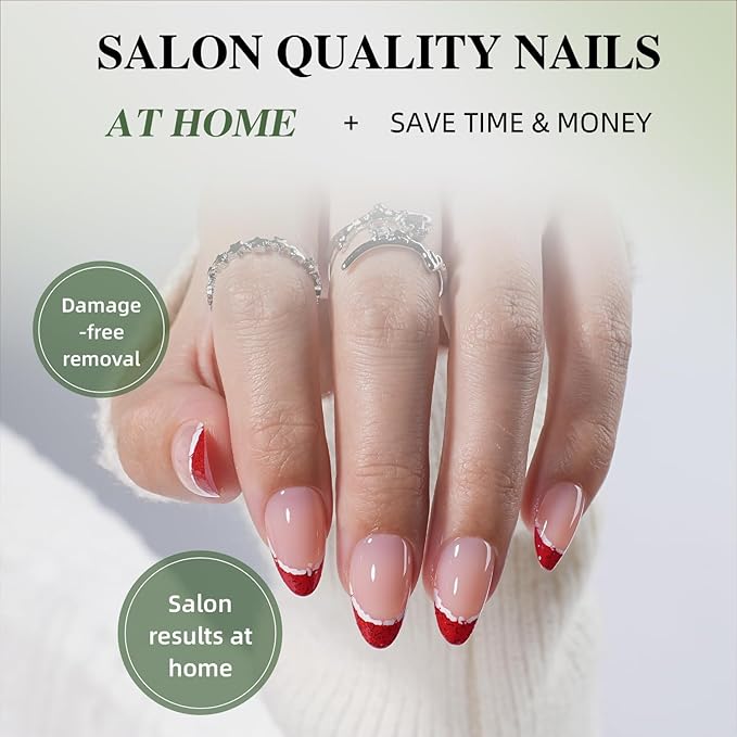 Red French Tip Press On Nails Twinkle Short Almond Glitter Red French Tip Nails with a Glossy Finish, Press On Nails Reusable Stick On Nails in 16 Sizes, 32pcs False Nail Kit for Women & Girls