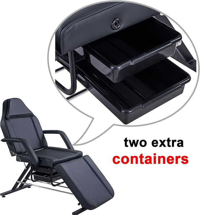 Tattoo Chair Massage Salon with Two Trays， Esthetician Bed with Hydraulic Stool,Multi-Purpose 3-Section Facial Bed Table, Adjustable Beauty Barber Spa Beauty Equipment Black