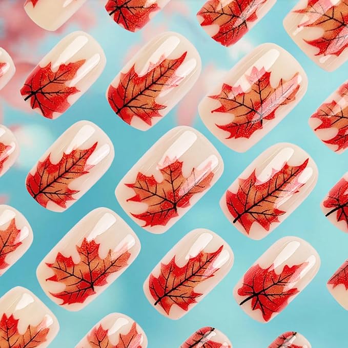 24Pcs Fall Leaves Stick on Fingernails Sparkly Maple Leaf Press on Nails Thanksgiving Medium Square False Nails Glossy Gold Glitter Acrylic Fake Nail Autumn Gel Glue on Nail for Coquette Women Girls