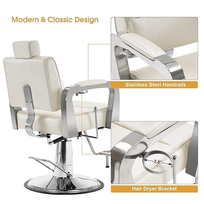 BarberPub Barber Chair Reclining Salon Chair for Hair Stylist, Antique Hair Spa Salon Styling Beauty Equipment 3127(White)