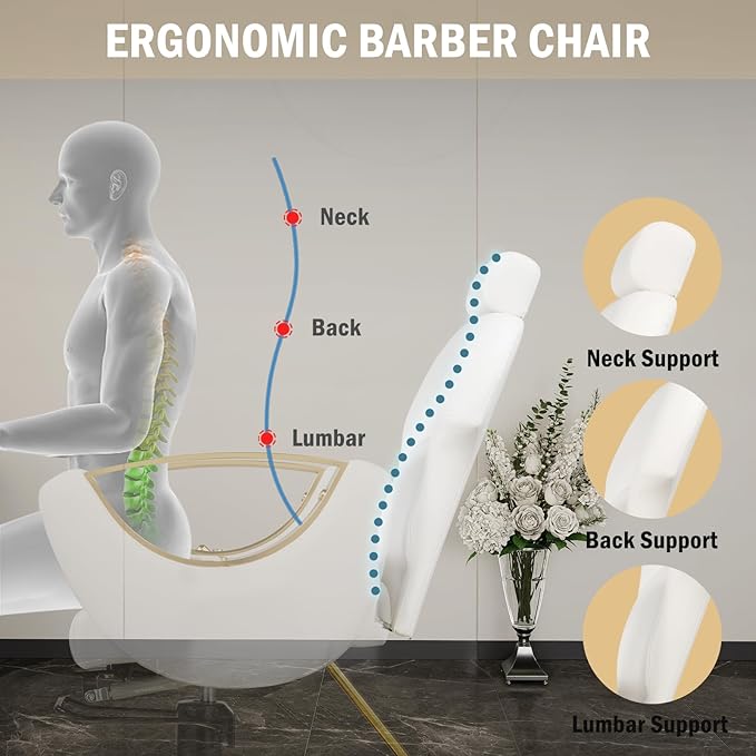 Salon Chair for Hair Stylist, Reclining Hair Salon Chair for Home, Barber Styling Chairs with Heavy Duty Hydraulic Pump, 360 ° Swivel, Multi-Function Beauty Spa Equipment White Gold