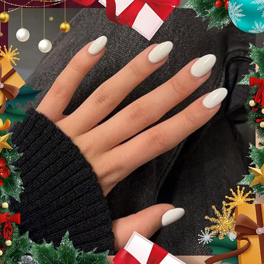 modelones Short Press on Nails, Oval Fake Nails Kit Press Ons with Nail Glue, Adhesive Tabs, Nail File, Prep Pad, Manicure Stick, 32Pcs 16 Sizes, Elegant White, Christmas