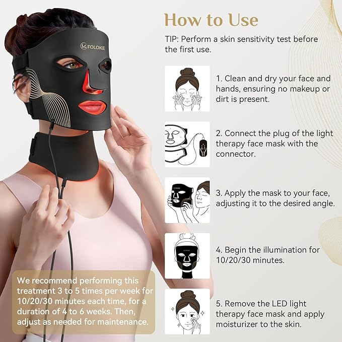 FOLOKE LED Light Therapy Mask Skin Care, 103 3-in-1 Fusion LED Beads, LEDs face mask & neck mask Infrared Red - Wavelength for Home Use, – Advanced Skincare Made Easy(Licorice)