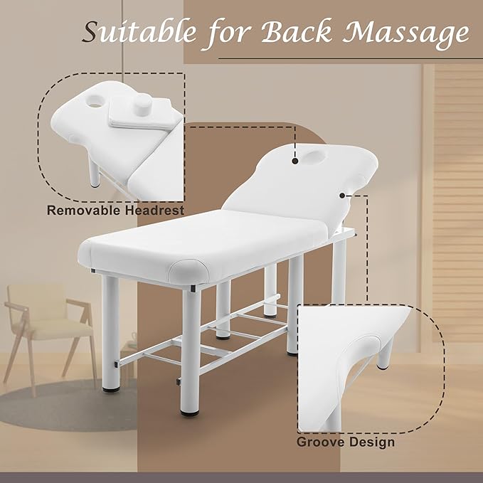 Massage Bed Stationary Professional Adjustable Massage Table Spa Bed 73"x27.5" Stationary Physical Therapy Table with Memory Foam Salon Bed w/Removable Headrest White