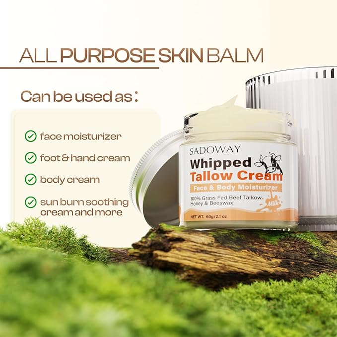 SADOWAY Beef Tallow for Skin: Handmade Beef Tallow for Face - Organic Grass-Fed Whipped Beef Tallow and Honey Balm Tallow Face Moisturizer Smooth Soft for Dry Skin