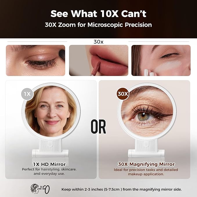 1X/30X Lighted Makeup Mirror with Magnification, Double-Sided Switch, 3-Color Lights, 2000mAh Rechargeable, Adjustable Brightness, Makeup Mirror with Lights for Vanity Table or Bathroom