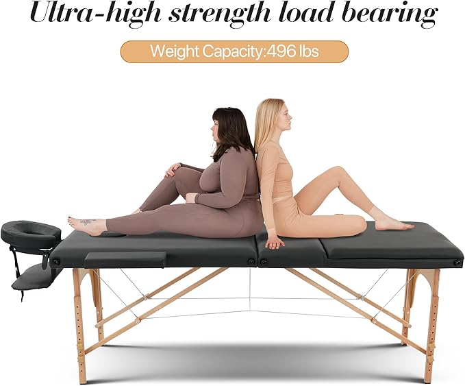 Massage Table Massage Bed, Portable 3 Section Foldable Tattoo Bed, Height Adjustable Lash Spa Bed with Face Cradle, Home Light Weight Facial Salon Bed with Wood Frame, Black