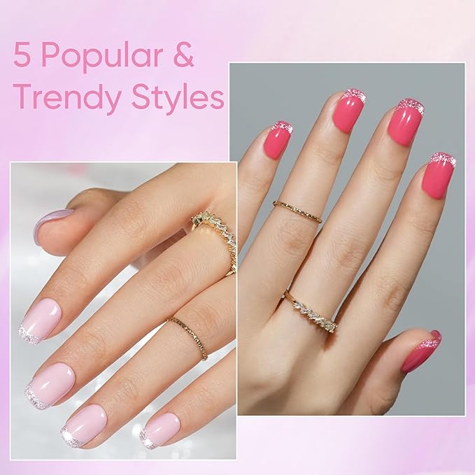 Press on Nails Short 5 Styles, Jofay Fashion 160Pcs Cat Eye Glitter French Tip Press on Nails for Women, Reusable Opaque Gel Fake Nails, Square Glue On Nails in 16 Sizes