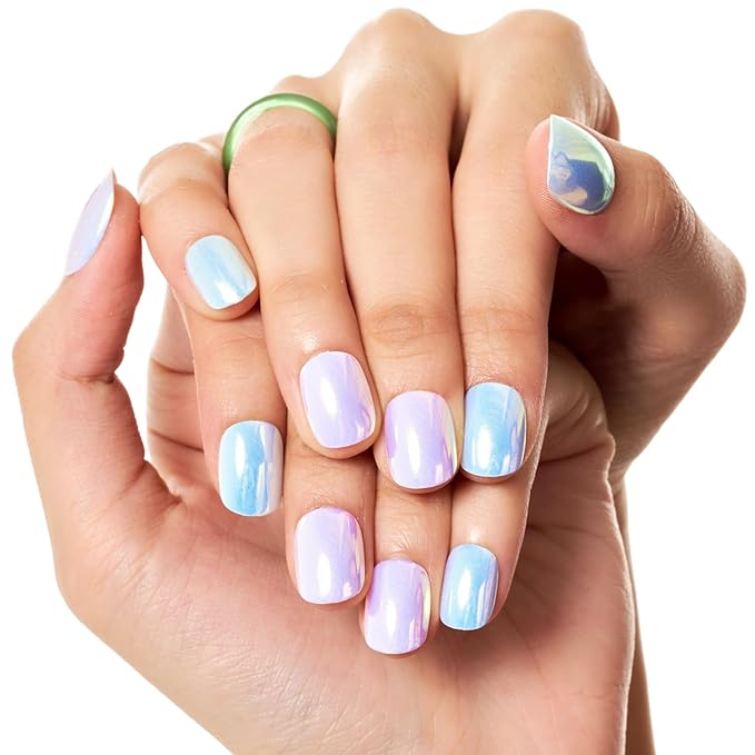 GLAMERMAID Extra Short Press on Nails 24PCS, Chrome Pink and Blue Fall Gel Glue on Nails, Glossy Round Reusable UV Finish Fake Nails Acrylic False Nails Manicure Kits for Women