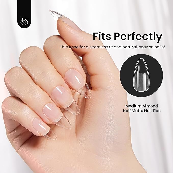 Beetles Gel Nail Tips Medium Almond Etch X, 12 Sizes 288 PCS Half Matte Full Cover Press on False Nail Tips Clear Acrylic Nails Extension Glue on Nails DIY Gift for Women