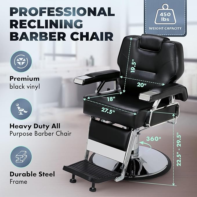 Buy-Rite K.O. Professional Barber Chair - Fully Reclining Hydraulic Barbering Chair with 360° Swivel, Adjustable Headrest, Extra-Wide Seat & 28" Chrome Base for Barbershops, SY-31307