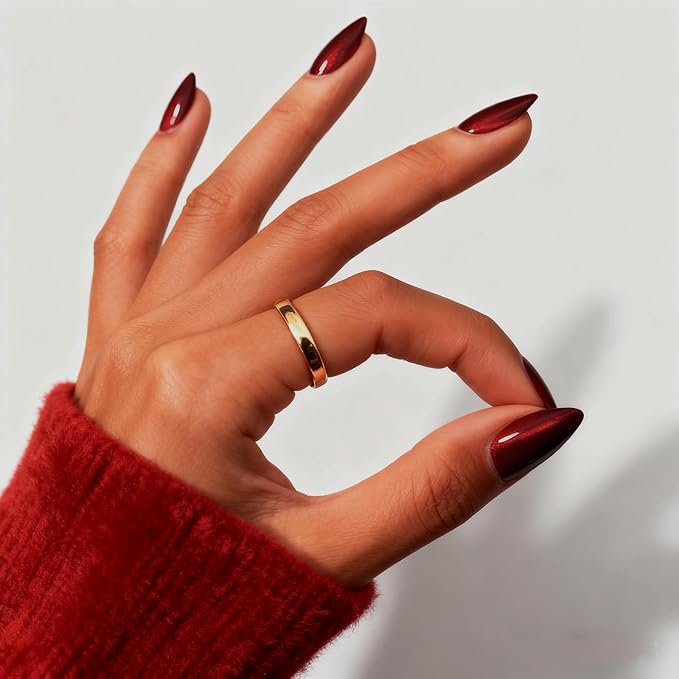 KQueenest Cat Eye Press On Nails Short Almond, Christmas Press On Nails with Glue, Sparkle Dark Red Black Fake Nails Stiletto, Soft Gel Glue On Nails for Woman, Long-Lasting Glitter Effect, 30 Pcs