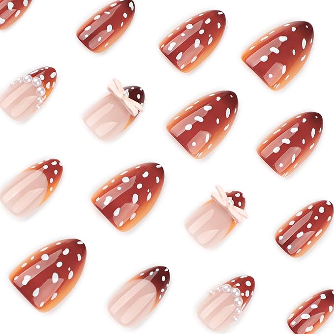 Burnt Sienna Press On Nails Short Almond, cute Fake Nails with 3D Pearl & Bow Embellishments, White Polka Dot Detail, Glossy Gel Finish Acrylic Nails, Natural Reusable Glue On Nails Kit for Women