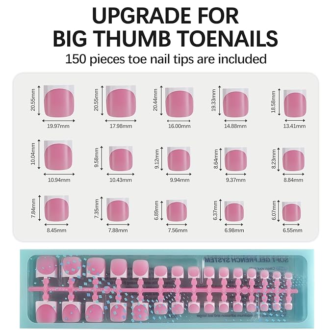 Vansiho Press on Toenails Short, French Tips Toenail Press on Square for Women, Pink White Soft Gel Fake Toe Nails, Acrylic Nails Soak off Toe Nail Home DIY 15 Sizes