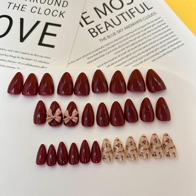 Short Almond Press on Nails Wine Red Full Cover False Nails with Bowknot Design Glossy with Cherry Design Acrylic Glue on Nails Removable Stick on Nails for Women Girls 30 Pcs