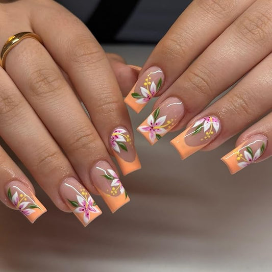 French Tip Press on Nails Medium Length Square Fake Nails with Flower Designs Orange Nails Press ons Fall False Nails for Women 24Pcs