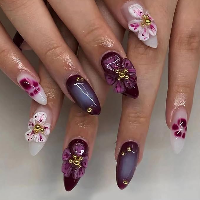 3D Purple Flowers Press on Nails Medium Almond Fake Nails with Purple Flower Charms Design Gold Beads False Nails Floral Glue on Nails Purple White Artificial Stick on Nails for Women Girls 24Pcs